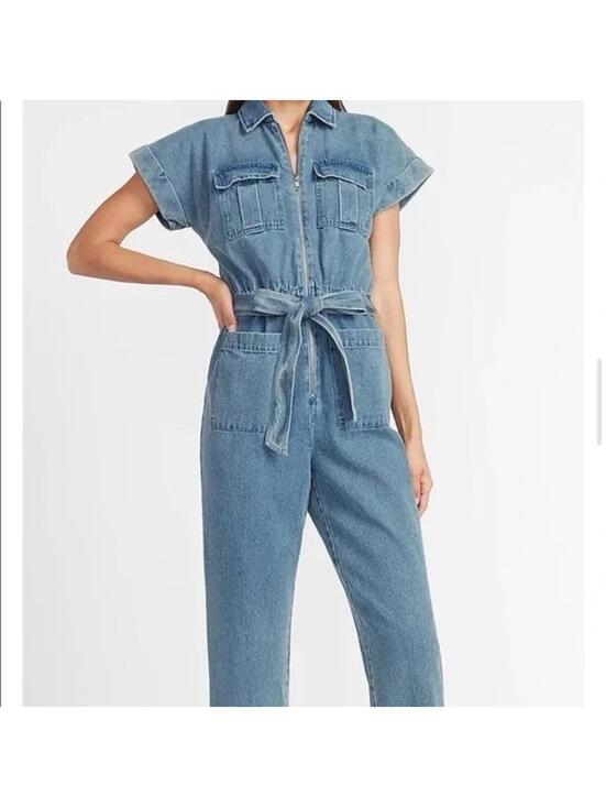 Express Pants - NWT Express X LADYGANG Women’s Blue Denim Zip Front Belted Jumpsuit Size 8